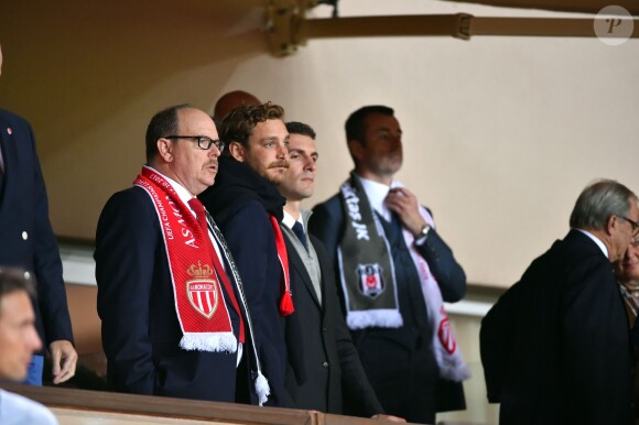 Semi-exclusif - Le prince Albert II de Monaco avec ses neveux Pierre Casiraghi et Louis Ducruet, qui se sont comme lui laissé pousser la moustache pour marquer le bicentenaire de la Compagnie des carabiniers, lors du match de Ligue des Champions AS Monaco - Besiktas le 17 octobre 2017 au stade Louis II.