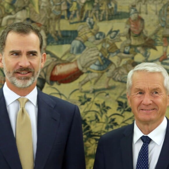 Le roi Felipe VI d'Espagne reçoit Thorbjorn Jagland, Secrétaire général du Conseil de l'Europe, au palais de la Zarzuela à Madrid en Espagne le 23 novembre 2017.