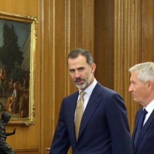 Le roi Felipe VI d'Espagne reçoit Thorbjorn Jagland, Secrétaire général du Conseil de l'Europe, au palais de la Zarzuela à Madrid en Espagne le 23 novembre 2017.