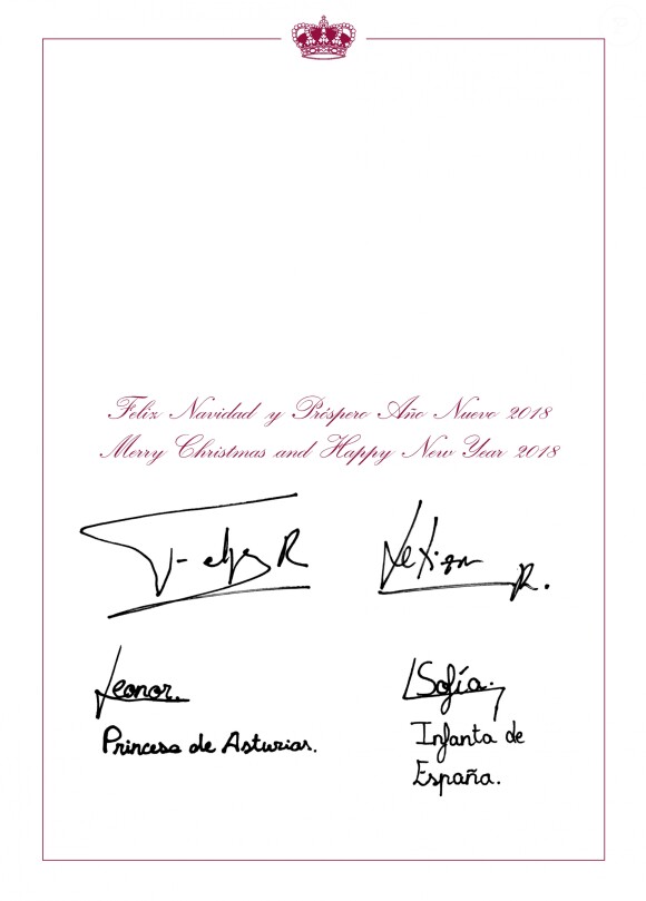 Carte de voeux pour les fêtes de fin d'année 2017 du roi Felipe VI et de la reine Letizia d'Espagne avec leurs filles, les princesses Leonor et Sofia, dévoilée le 11 décembre 2017.