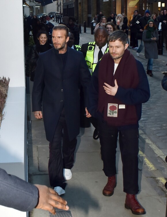 David Beckham assiste à la présentation de la nouvelle collection de Kent & Curwen, à la Fashion Week de Londres. Le 7 janvier 2018.