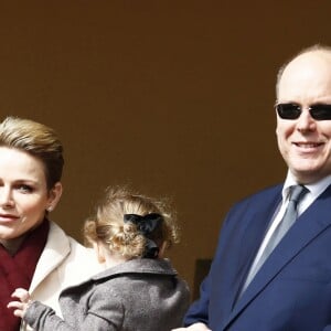 La princesse Charlene de Monaco, le prince Albert II et leur fille la princesse Gabriella - 7e édition du tournoi de rugby Sainte-Dévote au Stade Louis II à Monaco, le 18 mars 2017. © Claudia Albuquerque/Bestimage