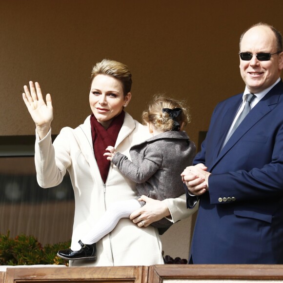 La princesse Charlene de Monaco, le prince Albert II et leur fille la princesse Gabriella - 7e édition du tournoi de rugby Sainte-Dévote au Stade Louis II à Monaco, le 18 mars 2017. © Claudia Albuquerque/Bestimage