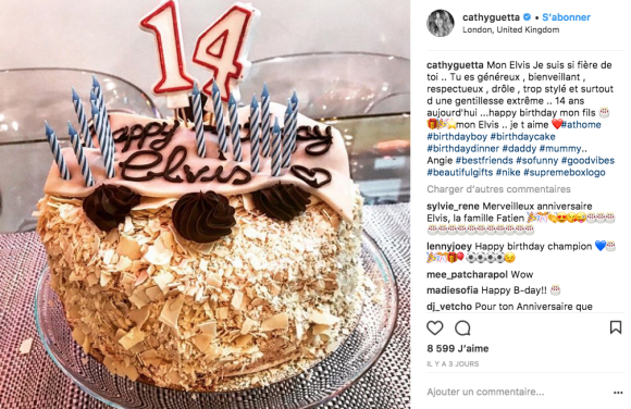Cathy Guetta a publié le 9 février 2018 une photo du gateau d'anniversaire de son fils Elvis, né de son mariage avec David Guetta.