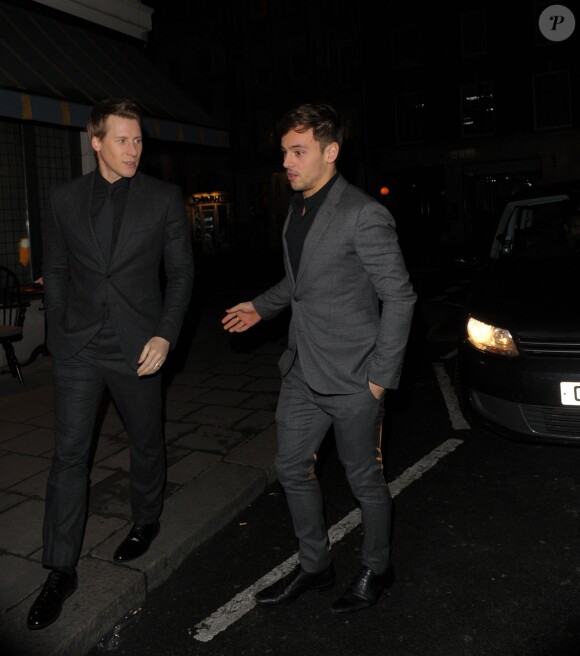 Tom Daley et Dustin Lance Black arrivent au diner pre-Baftas Weinstein Grey Goose & Burberry à Londres, le 10 février 2017