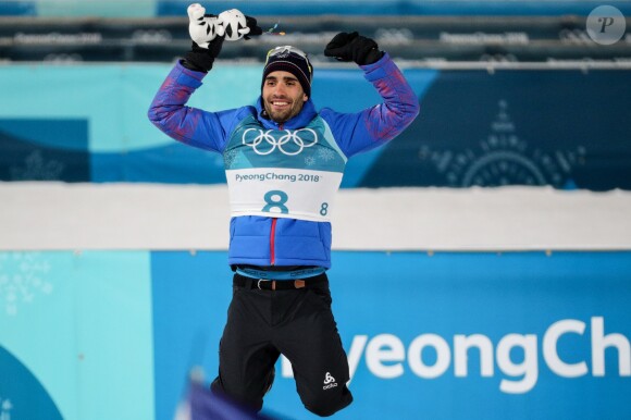 Le biathlète français Martin Fourcade a été sacré champion olympique en poursuite de 12,5 km du biathlon à Pyeongchang en Corée du sud, le 12 février 2018.