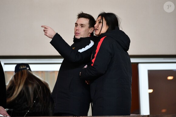 Louis Ducruet et Marie, sa fiancée - Rencontre de Ligue 1 de football entre Monaco et Nice au stade Louis II de Monaco le 16 janvier 2018. Monaco et Nice ont fait match nul 2 buts à 2. © Bruno Bebert