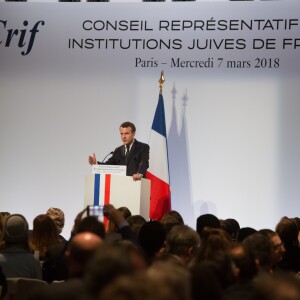 Emmanuel Macron - 33ème dîner du Crif (Conseil Representatif des Institutions juives de France) au Carrousel du Louvre à Paris, France, le 7 mars 2018. © Hamilton/Pool/Bestimage