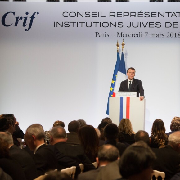 Emmanuel Macron - 33ème dîner du Crif (Conseil Representatif des Institutions juives de France) au Carrousel du Louvre à Paris, France, le 7 mars 2018. © Hamilton/Pool/Bestimage