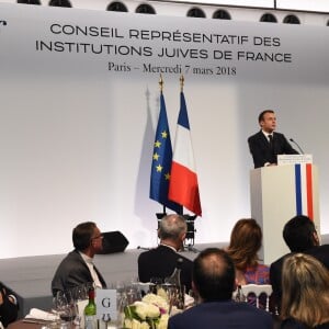 Emmanuel Macron - 33ème dîner du Crif (Conseil Representatif des Institutions juives de France) au Carrousel du Louvre à Paris, France, le 7 mars 2018. © Erez Lichtfeld / Bestimage