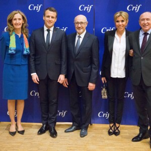Nicole Belloubet, Emmanuel Macron, Francis Kalifat, Brigitte Macron et Gérard Collomb - 33ème dîner du Crif (Conseil Representatif des Institutions juives de France) au Carrousel du Louvre à Paris, France, le 7 mars 2018. © Hamilton/Pool/Bestimage