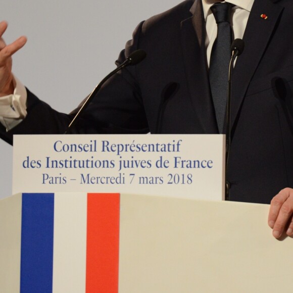 Emmanuel Macron - 33ème dîner du Crif (Conseil Representatif des Institutions juives de France) au Carrousel du Louvre à Paris, France, le 7 mars 2018. © Erez Lichtfeld / Bestimage