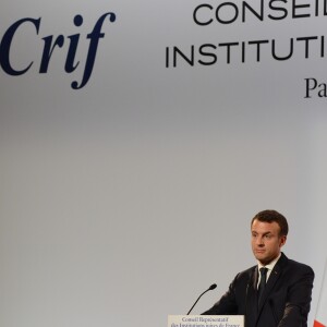 Emmanuel Macron - 33ème dîner du Crif (Conseil Representatif des Institutions juives de France) au Carrousel du Louvre à Paris, France, le 7 mars 2018. © Erez Lichtfeld / Bestimage