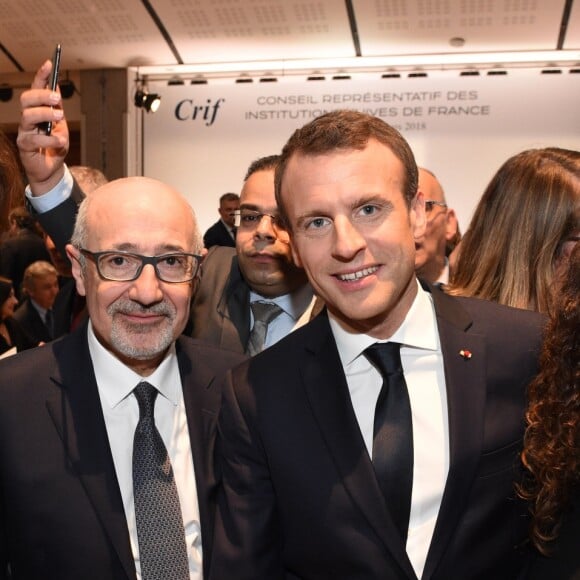 Audrey Azoulay, Francis Kalifat, Emmanuel Macron et madame Kalifat - 33ème dîner du Crif (Conseil Representatif des Institutions juives de France) au Carrousel du Louvre à Paris, France, le 7 mars 2018. © Erez Lichtfeld / Bestimage