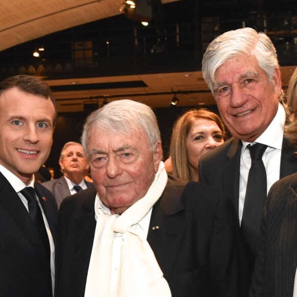 Francis Kalifat, Emmanuel Macron, Claude Lanzmann, Maurice Lévy et Valérie Pécresse - 33ème dîner du Crif (Conseil Representatif des Institutions juives de France) au Carrousel du Louvre à Paris, France, le 7 mars 2018. © Erez Lichtfeld / Bestimage
