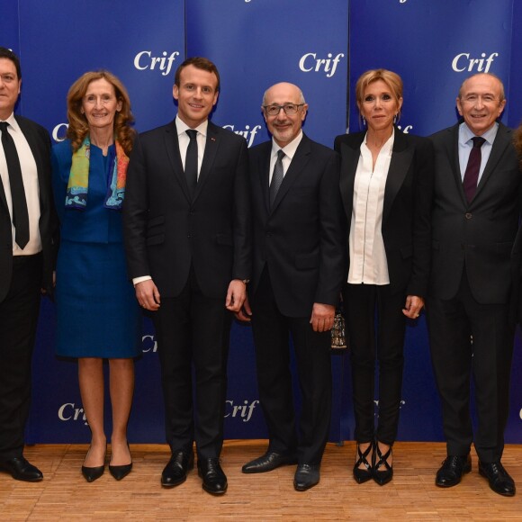 Gil Taïeb, Nicole Belloubet, Emmanuel Macron, Francis Kalifat, Brigitte Macron, Gérard Collomb et Véronique Harari - 33ème dîner du Crif (Conseil Representatif des Institutions juives de France) au Carrousel du Louvre à Paris, France, le 7 mars 2018. © Erez Lichtfeld / Bestimage