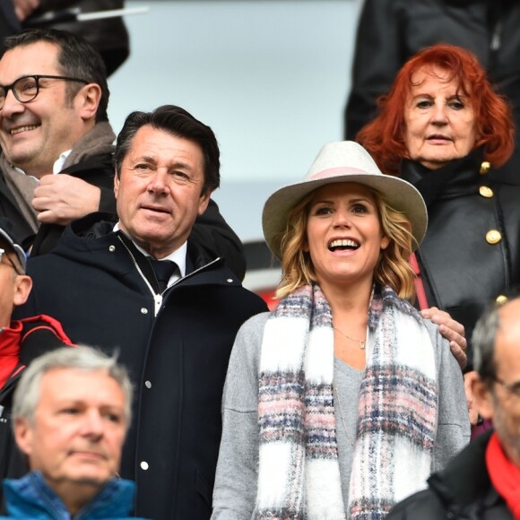 Christian Estrosi, le maire de Nice, et sa femme Laura Tenoudji assistent à la rencontre de football à Nice le 18 mars 2018, opposant l'OGC Nice au PSG. © Bruno Bebert/Bestimage