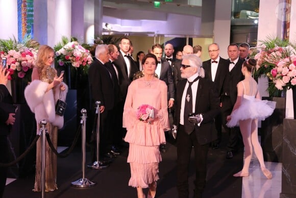 La princesse Caroline de Hanovre et Karl Lagarfeld arrivant au Bal de la Rose le 24 mars 2018 au Sporting de Monte-Carlo. © Cyril Dodergny / Nice Matin / Bestimage