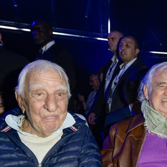 Charles Gérard, Jean-Paul Belmondo et Karine Le Marchand au match de boxe "La Conquête" Acte 4 Tony Yoka contre Cyril Léonet au Palais des sports de Paris le 7 avril 2018 (Victoire de Yoka par KO au 5e round) © Pierre Perusseau / Bestimage