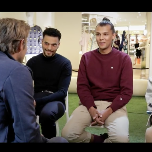 Paul Van Haver (Stromae), son épouse Coralie Barbier et son frère Luc Junior Tam invités de "19h le dimanche" présenté par Laurent Delahousse sur France 2, le 8 avril 2018.