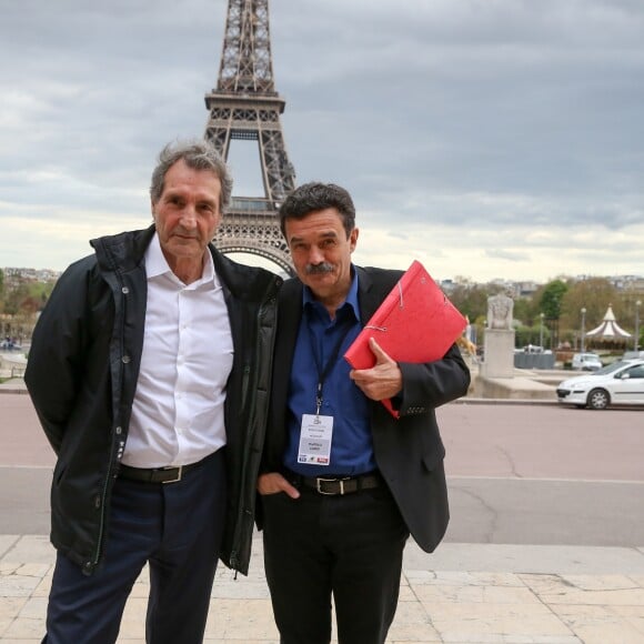 Jean-Jacques Bourdin, pour BFMTV et RMC, et Edwy Plenel, directeur de Mediapart - Le président de la République Emmanuel Macron et sa femme la première dame Brigitte Macron arrivent au palais de Chaillot, à Paris, France, le 15 avril 2018. Le président de la République est l'invité de BFMTV, RMC et Mediapart pour une grande interview en direct par les journalistes Jean-Jacques Bourdin, pour BFMTV et RMC, et Edwy Plenel, directeur de Mediapart. © Dominique Jacovides/Bestimage
