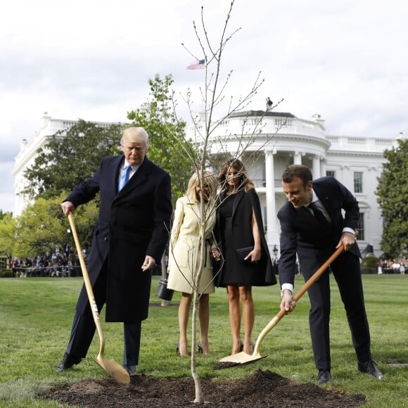 Le président américain Donald Trump, sa femme la Première Dame Melania Trump, le président de la République française Emmanuel Macron et sa femme la Première Dame Brigitte Macron (Trogneux) - Le président américain Donald Trump et le président de la République française Emmanuel Macron plantent ensemble un chêne, dans les jardins de la Maison Blanche, sous les yeux des Premières Dames Melania Trump et Brigitte Macron (Trogneux) à Washington, le 23 avril 2018.