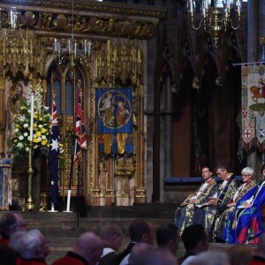 Le prince William, Meghan Markle et le prince Harry étaient réunis le 25 avril 2018 en l'abbaye de Westminster à Londres pour la messe commémorative de l'ANZAC Day. © Eddie Mulholland/Daily Telegraph/PA Wire/Abacapress.com