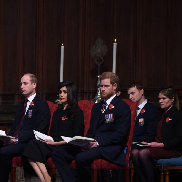 Le prince William, Meghan Markle et le prince Harry étaient réunis le 25 avril 2018 en l'abbaye de Westminster à Londres pour la messe commémorative de l'ANZAC Day. © Eddie Mulholland/Daily Telegraph/PA Wire/Abacapress.com