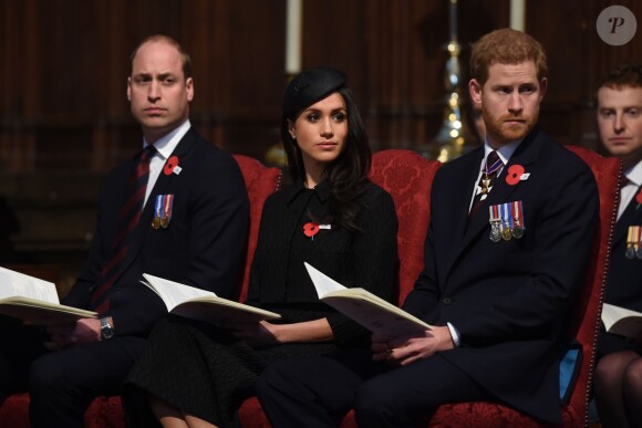 Le prince William, Meghan Markle et le prince Harry étaient réunis le 25 avril 2018 en l'abbaye de Westminster à Londres pour la messe commémorative de l'ANZAC Day. © Eddie Mulholland/Daily Telegraph/PA Wire/Abacapress.com