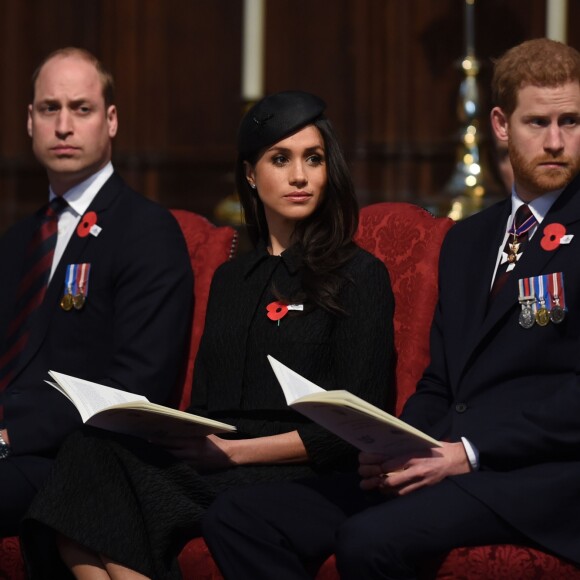 Le prince William, Meghan Markle et le prince Harry étaient réunis le 25 avril 2018 en l'abbaye de Westminster à Londres pour la messe commémorative de l'ANZAC Day. © Eddie Mulholland/Daily Telegraph/PA Wire/Abacapress.com