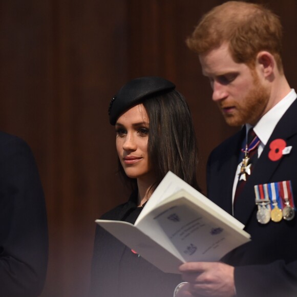 Le prince William, Meghan Markle et le prince Harry étaient réunis le 25 avril 2018 en l'abbaye de Westminster à Londres pour la messe commémorative de l'ANZAC Day. © Eddie Mulholland/Daily Telegraph/PA Wire/Abacapress.com