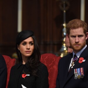 Le prince William, Meghan Markle et le prince Harry étaient réunis le 25 avril 2018 en l'abbaye de Westminster à Londres pour la messe commémorative de l'ANZAC Day. © Eddie Mulholland/Daily Telegraph/PA Wire/Abacapress.com