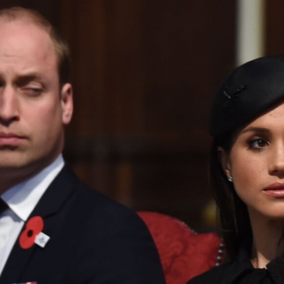 Le prince William, Meghan Markle et le prince Harry étaient réunis le 25 avril 2018 en l'abbaye de Westminster à Londres pour la messe commémorative de l'ANZAC Day. © Eddie Mulholland/Daily Telegraph/PA Wire/Abacapress.com