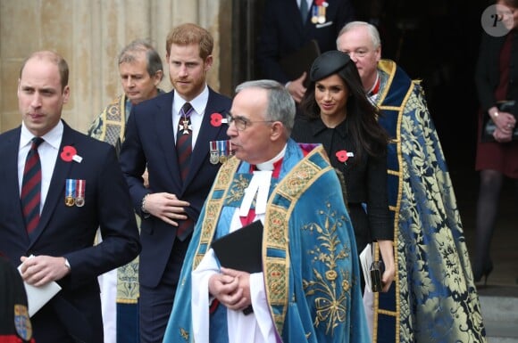 Le prince William, Meghan Markle et le prince Harry le 25 avril 2018 à l'abbaye de Westminster à Londres pour la messe commémorative de l'ANZAC Day. © Jonathan Brady/PA Wire/Abacapress.com