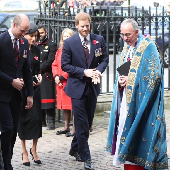 Le prince William, Meghan Markle et le prince Harry le 25 avril 2018 à l'abbaye de Westminster à Londres pour la messe commémorative de l'ANZAC Day. © Jonathan Brady/PA Wire/Abacapress.com