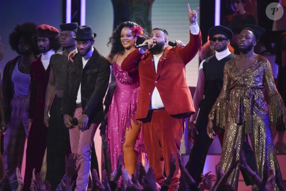 Bryson Tiller, Rihanna et DJ Khaled aux 60e Grammy Awards à New York. Le 28 janver 2018.