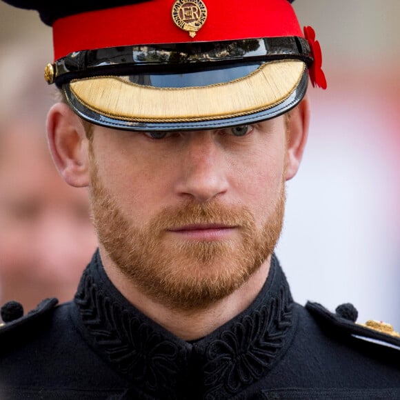 Le prince Harry, barbu, lors de la cérémonie du Souvenir à l'abbaye de Westminster à Londres le 9 novembre 2017