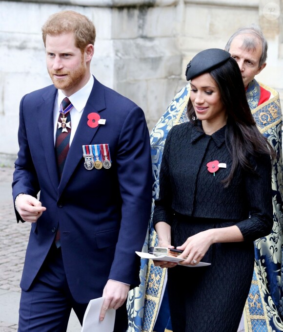 Le prince Harry et Meghan Markle à la sortie de l'abbaye de Westminster pour le service commémoratif de L'ANZAC Day à Londres. Le 25 avril 2018