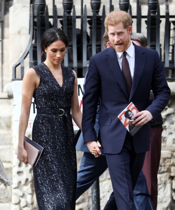 Meghan Markle et le prince Harry à leur arrivée à la cérémonie de commémoration du 25ème anniversaire de l'assassinat de Stephen Lawrence en l'église St Martin-in-the-Fields à Londres. Le 23 avril 2018