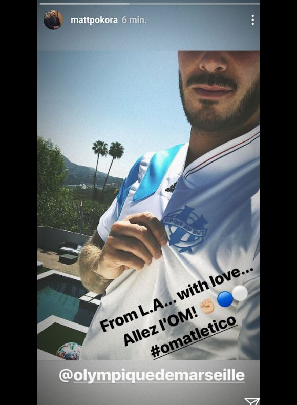 M. Pokora soutient l'Olympique de Marseille depuis Los Angeles le 16 mai 2018.