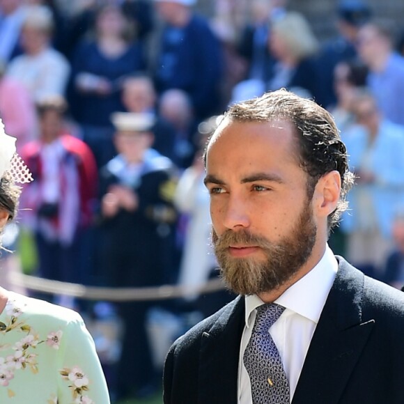 Pippa Middleton, son mari James Matthews et son frère James Middleton arrivent à la chapelle St. George pour le mariage du prince Harry et de Meghan Markle au château de Windsor, Royaume Uni, le 19 mai 2018.