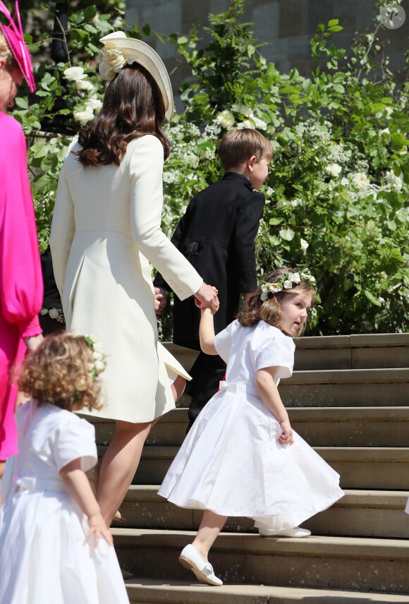 Kate Middleton, duchesse de Cambridge, arrive à la chapelle St George pour la cérémonie de mariage du prince Harry et de Meghan Markle, le 19 mai 2018.