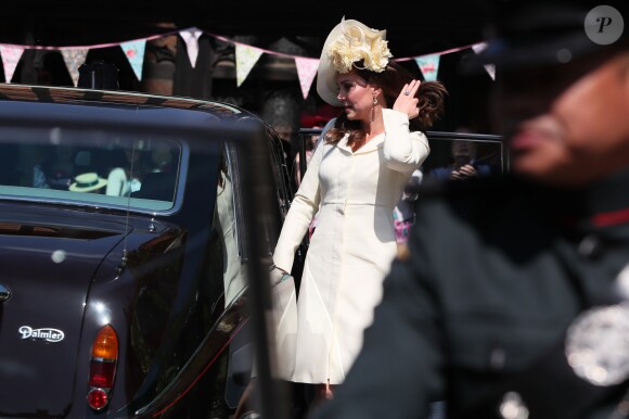 Kate Middleton, la duchesse de Cambridge, arrive à la chapelle St George au château de Windsor pour le mariage du prince Harry et de Meghan Markle, le 19 mai 2018.