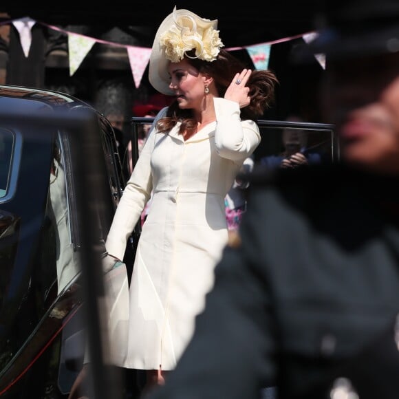 Kate Middleton, la duchesse de Cambridge, arrive à la chapelle St George au château de Windsor pour le mariage du prince Harry et de Meghan Markle, le 19 mai 2018.