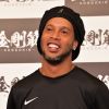 Le footballeur Ronaldinho en promotion pour la marque de complément nutritionnel "Kongokin" à l'hôtel Grand Hyatt à Tokyo. Le 28 mars 2018.