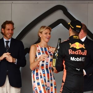 Andrea Casiraghi, la princesse Charlene de Monaco, le prince Albert II de Monaco, Pierre Casiraghi félicitent le trio de tête du 76e Gran Prix de Formule 1 de Monaco remporté par Daniel Ricciardo suivi de Sebastian Vettel et Lewis Hamilton, le 27 mai 2018. © Bruno Bebert/Bestimage