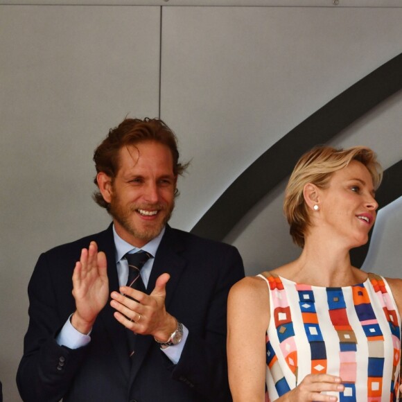 Andrea Casiraghi, la princesse Charlene de Monaco, le prince Albert II de Monaco, Pierre Casiraghi félicitent le trio de tête du 76e Gran Prix de Formule 1 de Monaco remporté par Daniel Ricciardo suivi de Sebastian Vettel et Lewis Hamilton, le 27 mai 2018. © Bruno Bebert/Bestimage