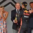 Andrea Casiraghi, la princesse Charlene de Monaco, le prince Albert II de Monaco, Pierre Casiraghi félicitent le trio de tête du 76e Gran Prix de Formule 1 de Monaco remporté par Daniel Ricciardo suivi de Sebastian Vettel et Lewis Hamilton, le 27 mai 2018. © Bruno Bebert/Bestimage