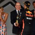 Andrea Casiraghi, la princesse Charlene de Monaco, le prince Albert II de Monaco, Pierre Casiraghi félicitent le trio de tête du 76e Gran Prix de Formule 1 de Monaco remporté par Daniel Ricciardo suivi de Sebastian Vettel et Lewis Hamilton, le 27 mai 2018. © Bruno Bebert/Bestimage