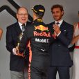 Andrea Casiraghi, la princesse Charlene de Monaco, le prince Albert II de Monaco, Pierre Casiraghi félicitent le trio de tête du 76e Gran Prix de Formule 1 de Monaco remporté par Daniel Ricciardo suivi de Sebastian Vettel et Lewis Hamilton, le 27 mai 2018. © Bruno Bebert/Bestimage